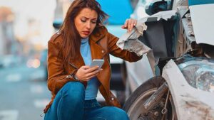 Woman taking images of her car after an accident