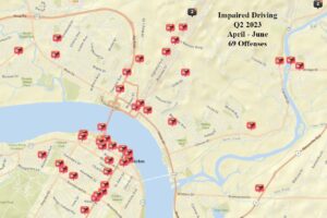 Map showing impaired driving stats in Fredericton for 2023 Q3