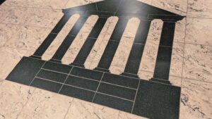 CLG Injury Law logo that is laid out on the floor in tiles in the reception area.