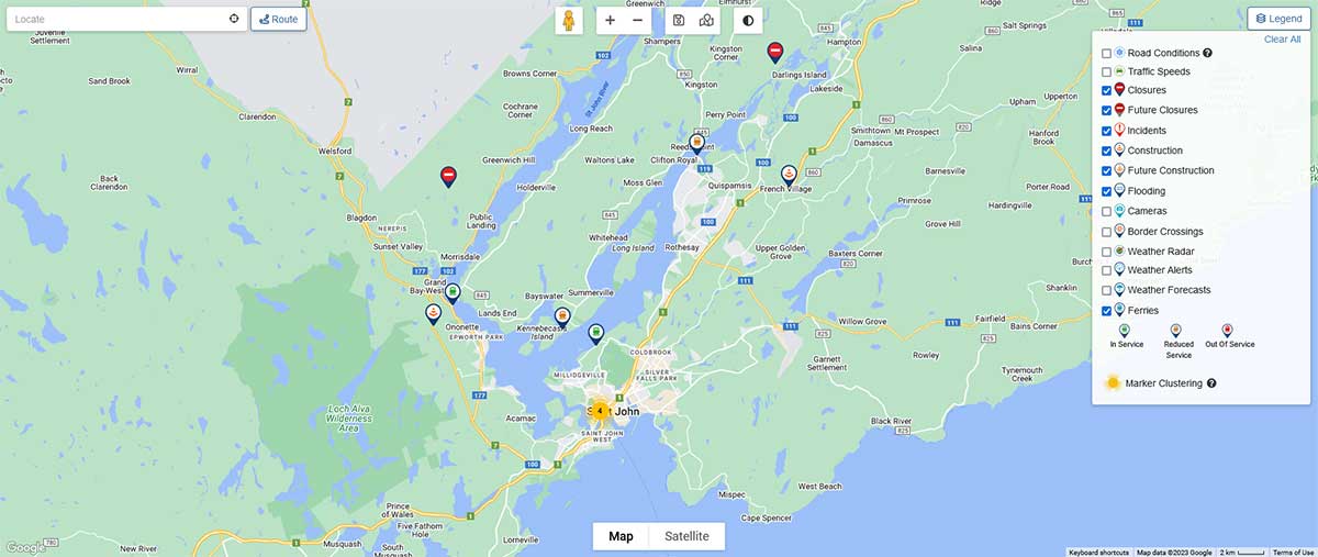 A map showing Saint John region traffic conditions