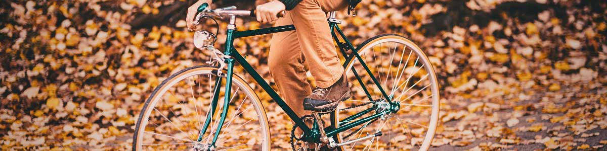 Man riding a bike on the side of a road with bright fall leaves behind him.