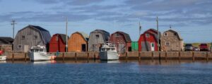 An image of fishing shacks by the sea in Prince Edward Island.