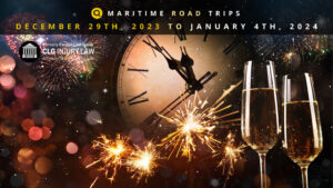 New year's day scene with with champagne and clock saying Maritime Road Trips - Destination Drives for the Week of December 29th to January 4th, 2024