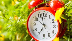 Clock in a spring setting outdoors