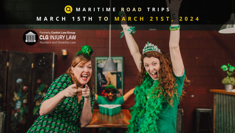 Maritime Road Trips – Destination Drives for the March 15th to March 21st, 2024. Two women dressed in green celebrating St. Patrick's Day.