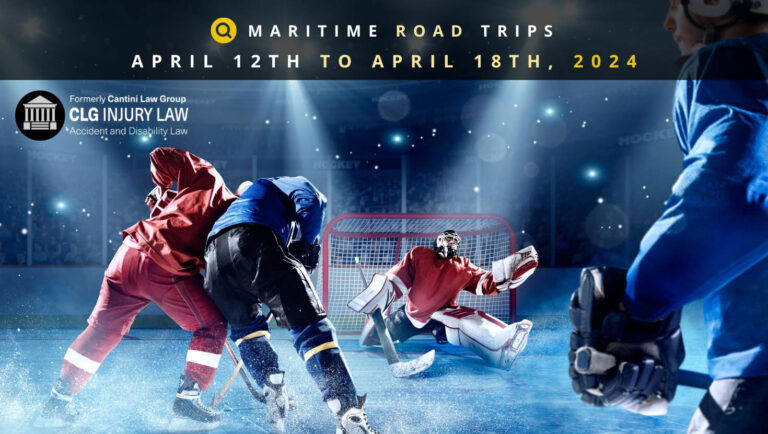 Two hockey players fighting for the puck in from of the net with the words Maritime Road Trips – Destination Drives for the Week of April 12th to April 18th, 2024.