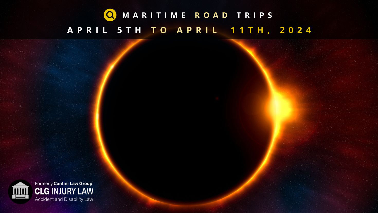 A picture of a solar eclipse with the words Maritime Road Trips – Destination Drives for the Week of April 5th to April 11th, 2024.