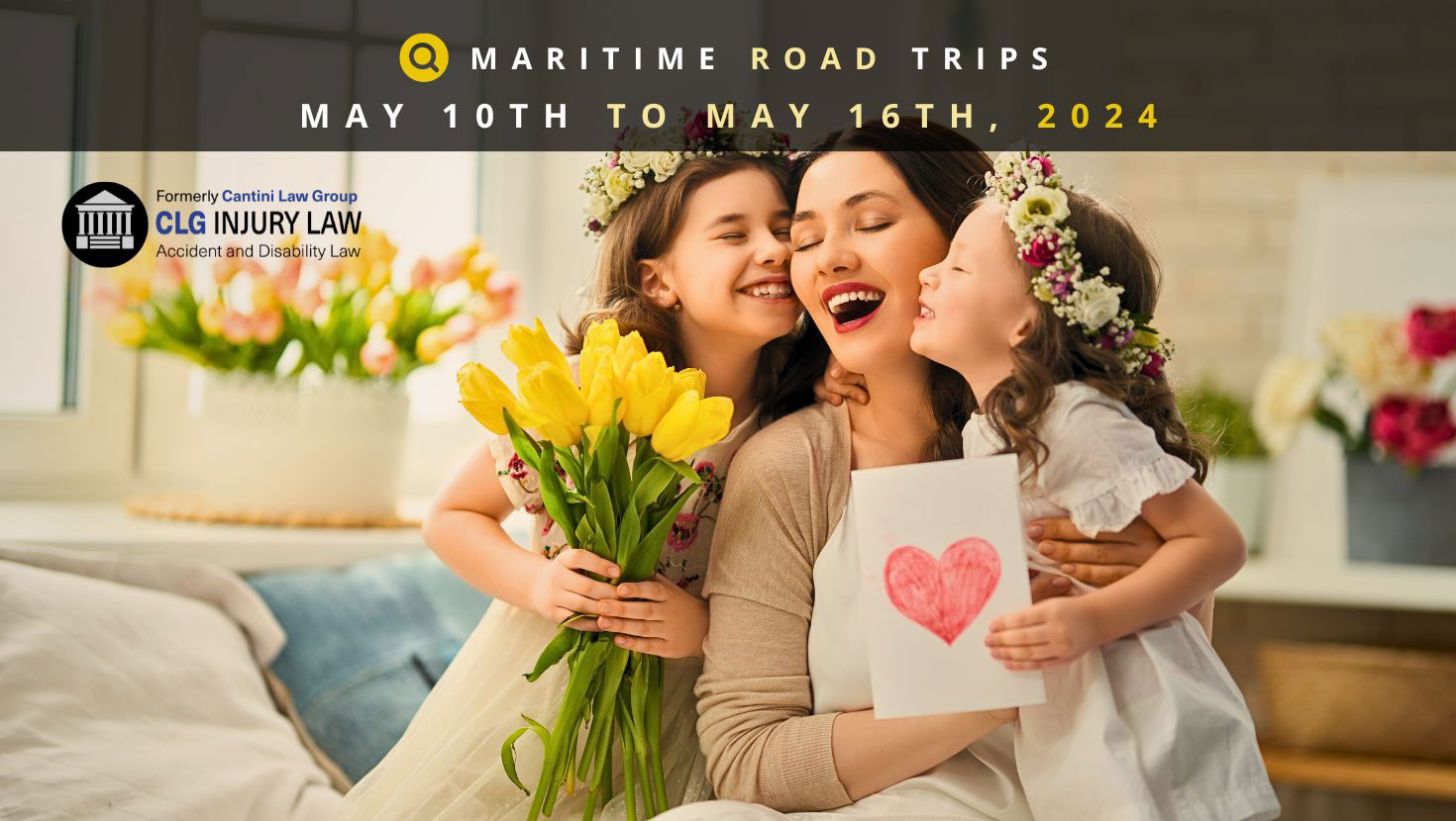 A mother with her two childre on mother's day. There is text saying: Maritime Road Trips – Destination Drives for the Week of May 10th to May 16th, 2024.