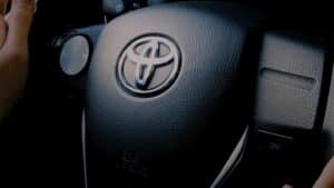 The Toyota logo on a steering wheel which has been subject to recall in Canada this week