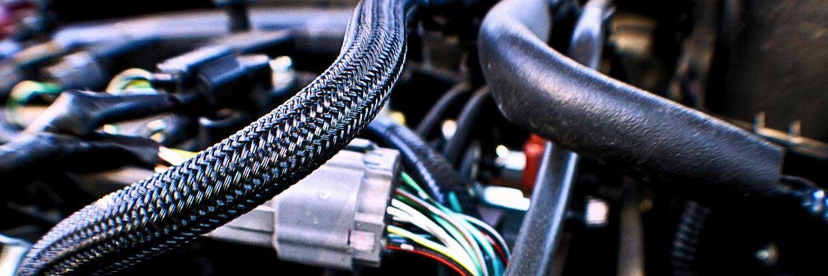 An image of under a car's hood looking at hoses and wires.