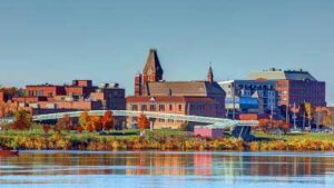 Fredericton, New Brunswick city hall from across the river